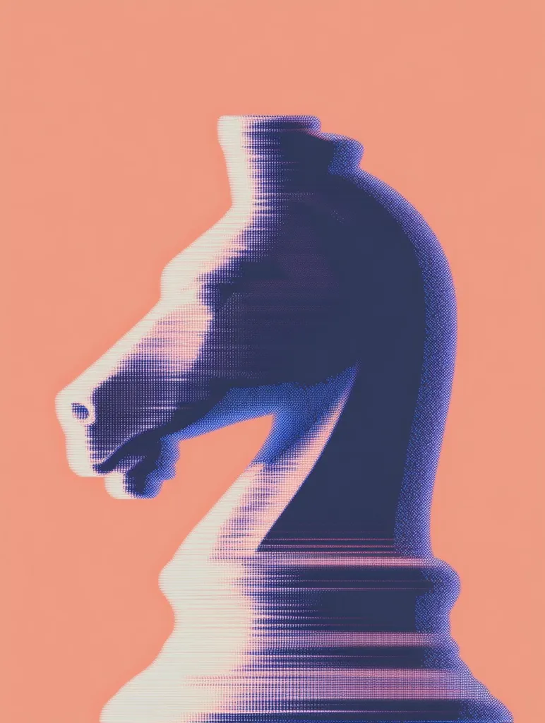 The image is a stylized depiction of a chess knight.  Rendered in a pointillist or halftone style, the knight is predominantly dark blue and purple, contrasting against a light coral background. The piece is presented in profile view, its head and neck sharply defined, while the body and base show a slightly blurred, almost glitching effect. The overall aesthetic is modern and graphic, suggesting movement or digital distortion.