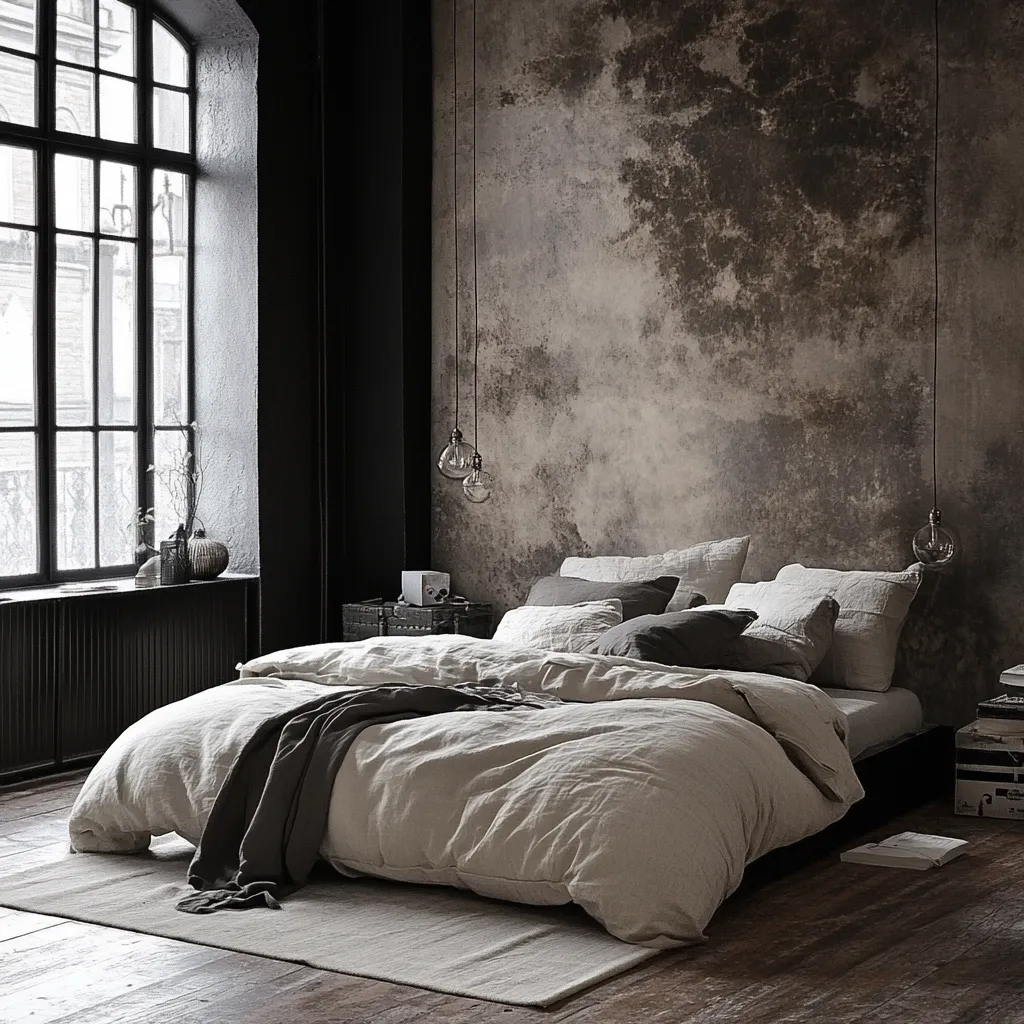 A minimalist bedroom features a large, low platform bed with a light beige linen duvet and dark grey throw.  The bed is positioned against a textured, dark taupe wall with a distressed effect.  Three Edison-style pendant lights hang above the bed.  A large window with black frames provides natural light, and a dark wood floor completes the space.  The overall aesthetic is moody and sophisticated, with a focus on natural textures.