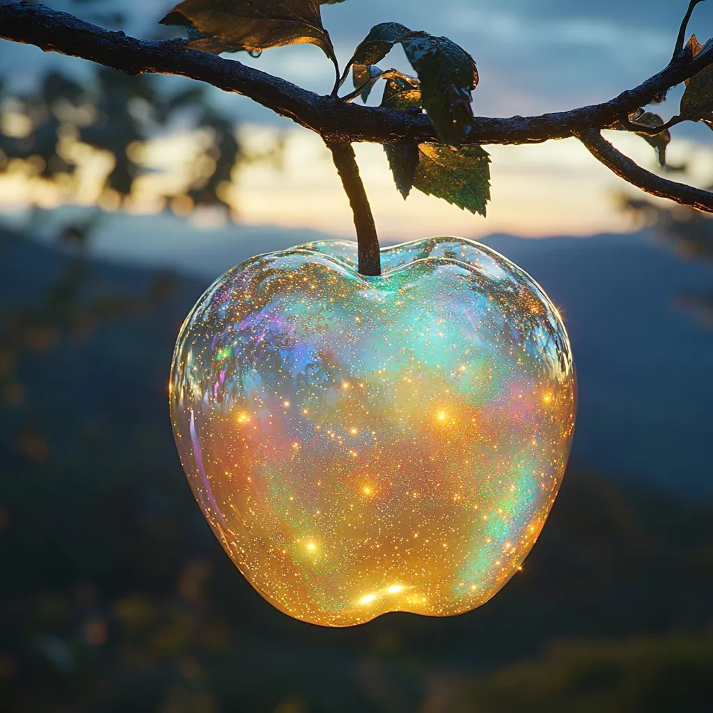 A digitally created image showcases a luminous apple hanging from a tree branch against a blurred sunset backdrop. The apple appears translucent, filled with golden and iridescent sparkles, resembling a galaxy contained within its form.  The scene evokes a sense of wonder and fantasy, contrasting the natural setting of the branch with the otherworldly glow of the fruit. The overall effect is magical and surreal.