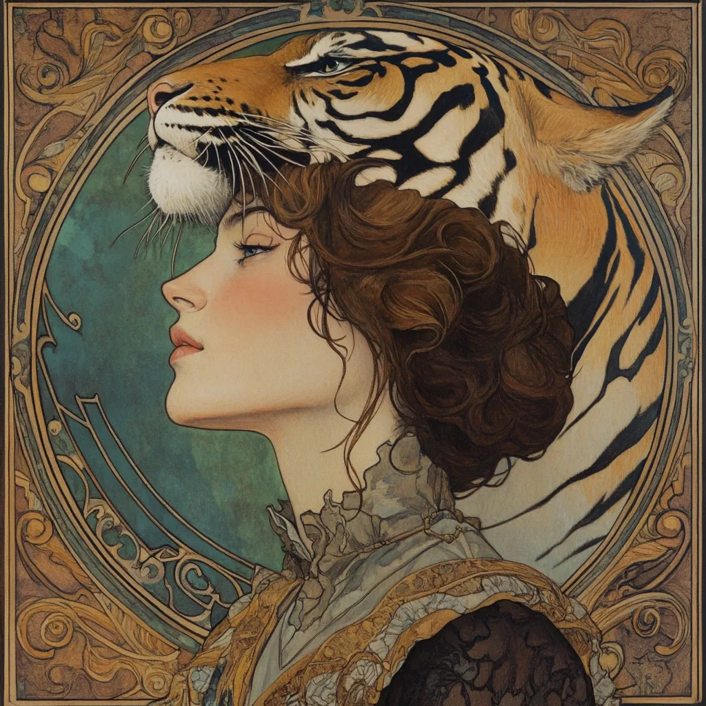 Here's a description of the image:

The artwork is a stylized portrait, likely in the Art Nouveau style, featuring a woman with dark brown, wavy hair. A tiger's head, realistically rendered, acts as a headdress or crown atop her head.  Her profile is shown, her gaze directed to the left, conveying a sense of quiet contemplation. The woman's attire suggests a period piece, with lace and ornate detailing visible on her collar and shoulders. The background is a teal-green, framed by an elaborate gold Art Nouveau border with swirling lines and decorative flourishes. The overall palette is muted earth tones with warm gold accents, creating a sophisticated and somewhat melancholic atmosphere.