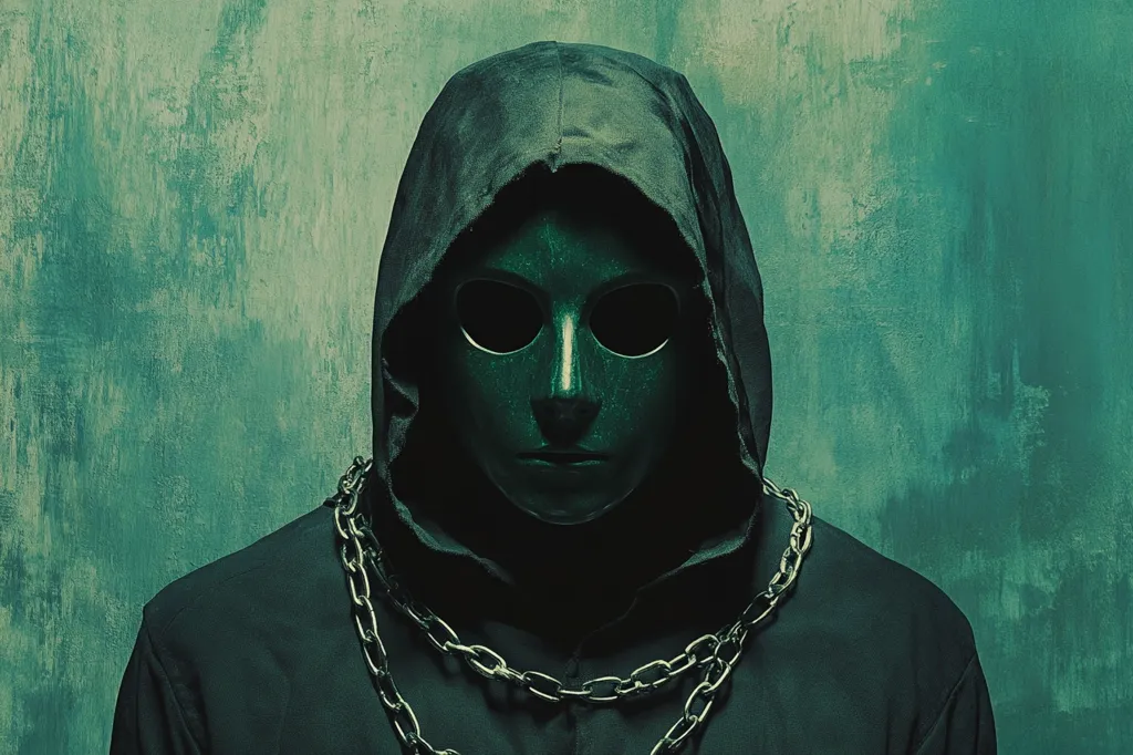 A hooded figure, cloaked in darkness, dominates the image.  Their face is obscured by a dark green mask with large, empty eye sockets, creating an unsettling and anonymous presence. A heavy metal chain rests around their neck, adding to the ominous atmosphere. The muted, greenish-blue background enhances the overall sense of mystery and foreboding. The image evokes feelings of fear, secrecy, and perhaps, imprisonment.