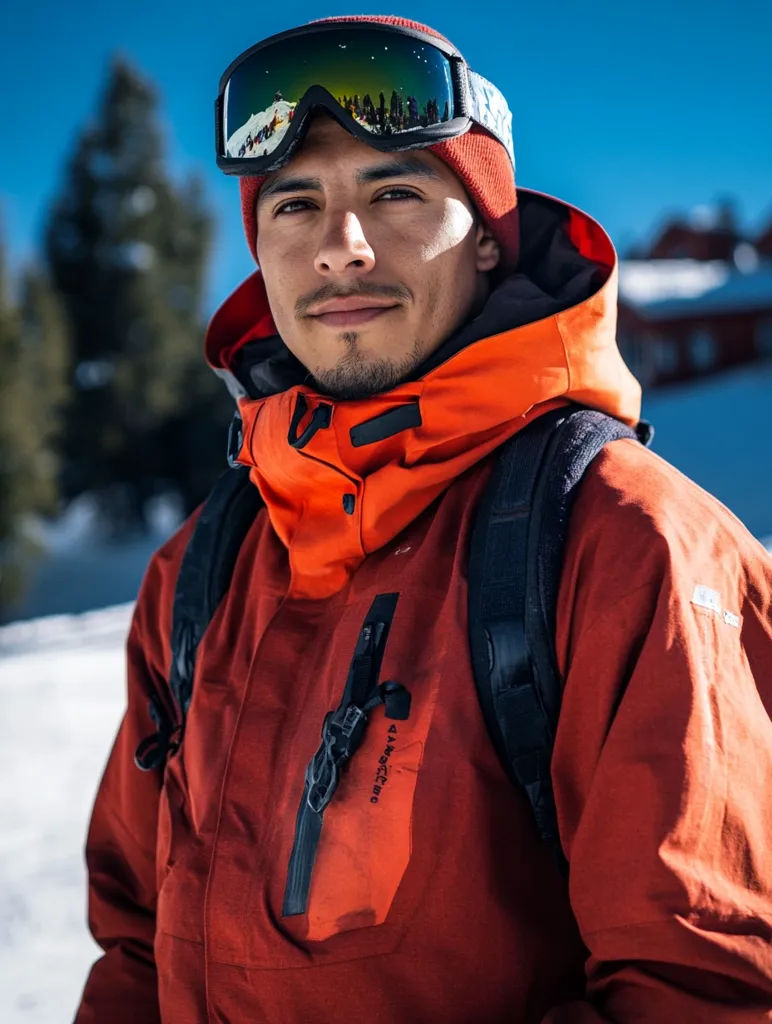 Here's a description of the image:

Close-up portrait of a young man, possibly of Hispanic descent, dressed in winter gear. He's wearing an orange ski jacket, a red beanie, and black ski goggles reflecting a snowy mountain landscape.  His expression is serious and direct, gazing confidently at the camera. The backdrop is a blurred yet scenic winter mountain vista with snow-covered ground and evergreen trees, suggesting a snowy outdoor location. The man carries a dark-colored backpack, and the jacket displays subtle branding. The overall impression is one of rugged outdoor adventure.