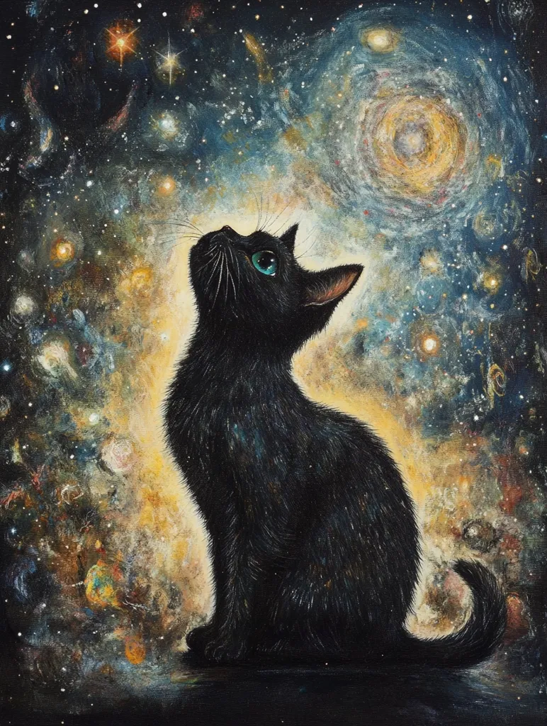 A captivating painting depicts a black cat in profile, gazing upwards at a vibrant, swirling nebula.  The cat's emerald eyes are striking against its dark fur, which seems to absorb the surrounding cosmic light.  The background is a rich tapestry of blues, golds, and purples, filled with stars and galaxies, creating a mystical and ethereal atmosphere. The artwork blends the familiar form of a cat with the vastness and wonder of the cosmos, evoking a sense of awe and mystery.