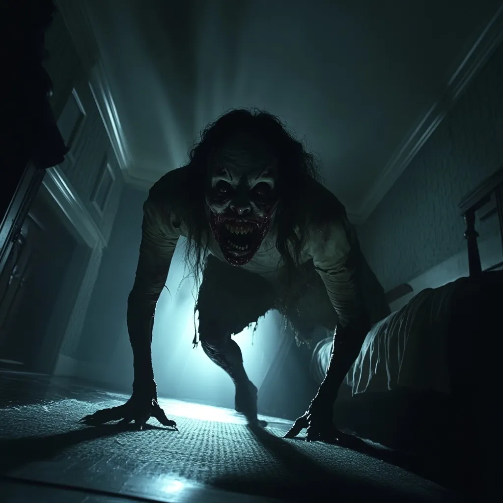A terrifying, monstrous figure, seemingly female, crouches in a dimly lit room.  Its skin is pallid, its mouth contorted in a gruesome, bloody grin revealing sharp teeth. Long, dark hair frames a grotesque face.  The creature's limbs are elongated and clawed, suggesting an unnatural posture. The shadowy background hints at a bedroom setting, adding to the unsettling atmosphere. The overall impression is one of intense fear and horror.