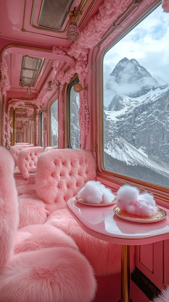 Here's a description of the image:

The photograph showcases the interior of a luxuriously decorated train car, awash in a vibrant pink hue.  Pink fur upholstery adorns plush seating, arranged along a wall featuring large windows offering a breathtaking view of a snow-capped mountain range.  The ceiling is intricately detailed with pink accents and decorative lighting.  Small pink tables hold what appear to be cotton candy confections, completing the whimsical, ultra-feminine aesthetic. The overall ambiance is one of opulent comfort and dreamy escapism.