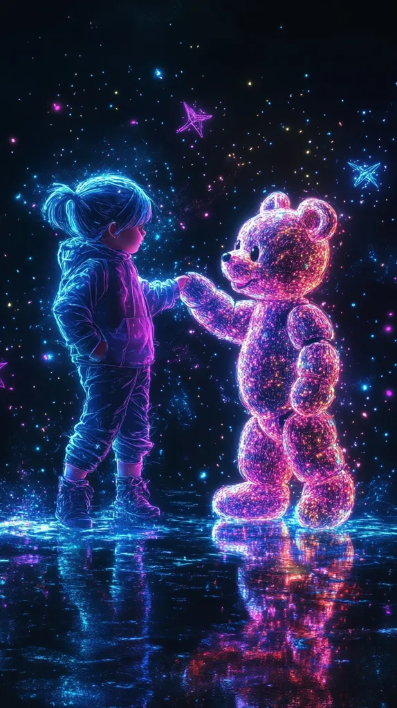 A digital artwork depicts a young girl and a teddy bear, both rendered in vibrant, glowing neon colors of pink and blue.  They appear ethereal, almost translucent, against a dark background speckled with sparkling stars. The girl and bear hold hands, creating a scene of innocent companionship.  Their reflections shimmer on a wet, reflective surface below, adding to the magical and dreamlike quality of the image. The overall style is fantastical and otherworldly.