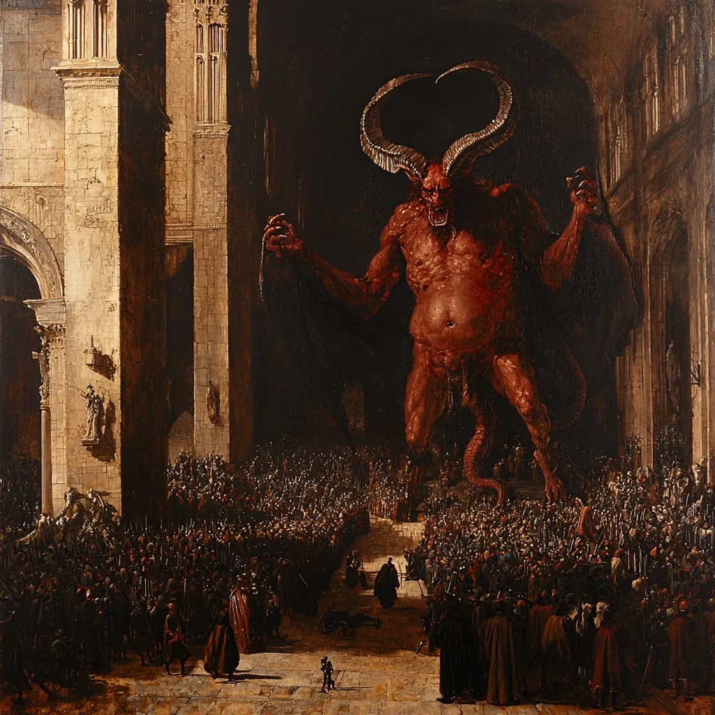 The painting depicts a colossal, demonic figure, reddish-brown in hue, with large horns and a menacing expression, standing within a grand, gothic-style hall.  A massive crowd, appearing awestruck and fearful, surrounds the base of the monstrous being.  The architecture is detailed, suggesting a cathedral or similar structure. The overall atmosphere is one of dread and overwhelming power, with the scale of the demon emphasizing its dominance over the human figures. The painting’s style is dark and dramatic, rich in shadow and detail.
