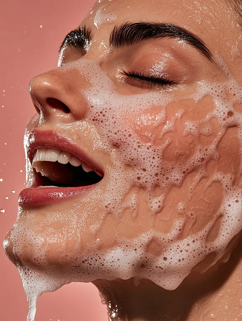 Close-up view of a woman's face covered in rich, white cleansing foam.  Her eyes are closed, and her mouth is slightly open in a relaxed expression. The foam clings to her skin, highlighting her facial features and texture. The background is a soft, muted pink. The image focuses on the luxurious texture of the cleanser and the woman's relaxed, pampered state.