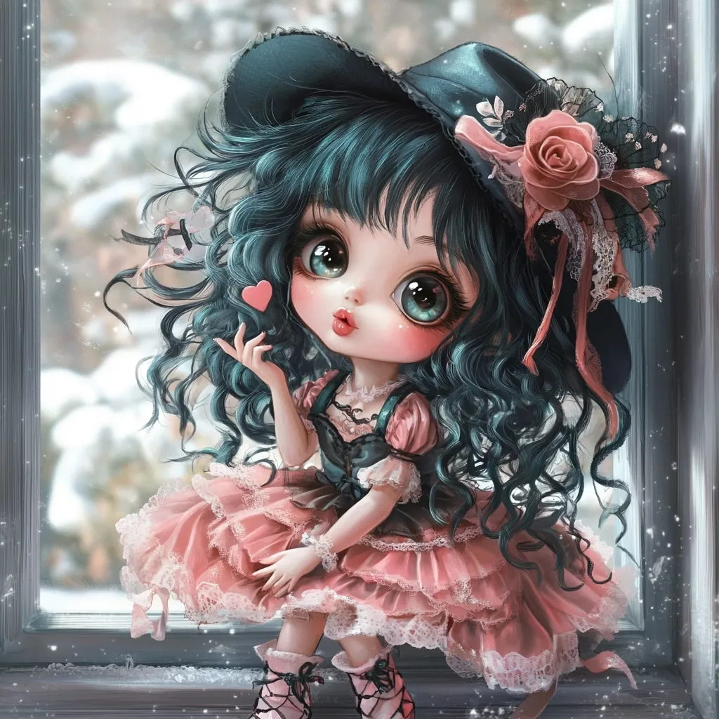 A whimsical digital painting showcases a charming doll-like girl.  She possesses large, expressive eyes, teal curly hair, and wears a pink, layered dress adorned with lace.  A dark teal witch-style hat, embellished with a rose, sits atop her head.  The girl blows a tiny heart, adding to her sweet and enchanting aura. The background features a blurred snowy scene viewed through a window, creating a dreamy atmosphere. The overall style is reminiscent of fantasy art and digital illustration.
