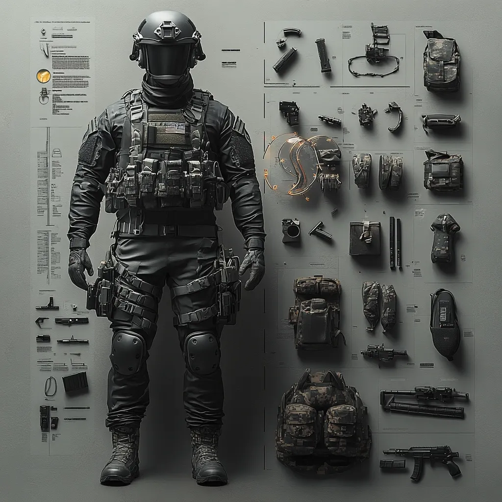 A digital illustration depicts a fully equipped tactical soldier standing against a gray background.  Surrounding the soldier are various pieces of his gear, meticulously laid out and labeled with technical diagrams. The gear includes weapons, body armor, backpacks, pouches, and communication equipment, all in dark, muted colors. The overall aesthetic is sleek and modern, highlighting the soldier's preparedness and the technological aspect of his weaponry and attire. The image's style suggests a military or tactical game or film.