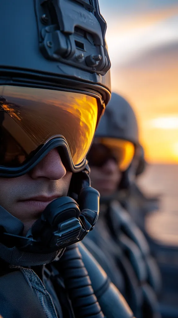 Close-up view of a pilot wearing a dark gray helmet with amber-tinted goggles, reflecting a vibrant sunset.  The focus is sharp on the foreground pilot, with others slightly blurred in the background, suggesting a squadron or team.  The setting appears to be outdoors, possibly on a military vessel or aircraft carrier, given the ambiance.  The image conveys a sense of readiness and anticipation, with the warm sunset light contrasting against the cool tones of the military gear.