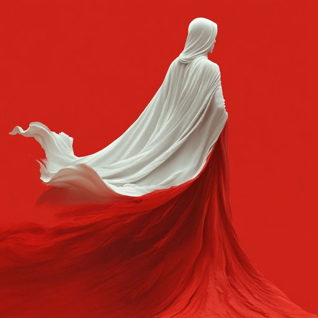The image depicts a figure, seen from behind, cloaked in flowing fabric.  A light grey, almost white, cape billows dramatically, its upper portion contrasting sharply with the vibrant red fabric forming the lower half of the garment, which pools on the ground. The figure is hooded, concealing the face, adding to the mysterious and ethereal quality of the scene set against a solid red backdrop. The overall effect is one of elegant, stylized movement and a sense of quiet mystery.