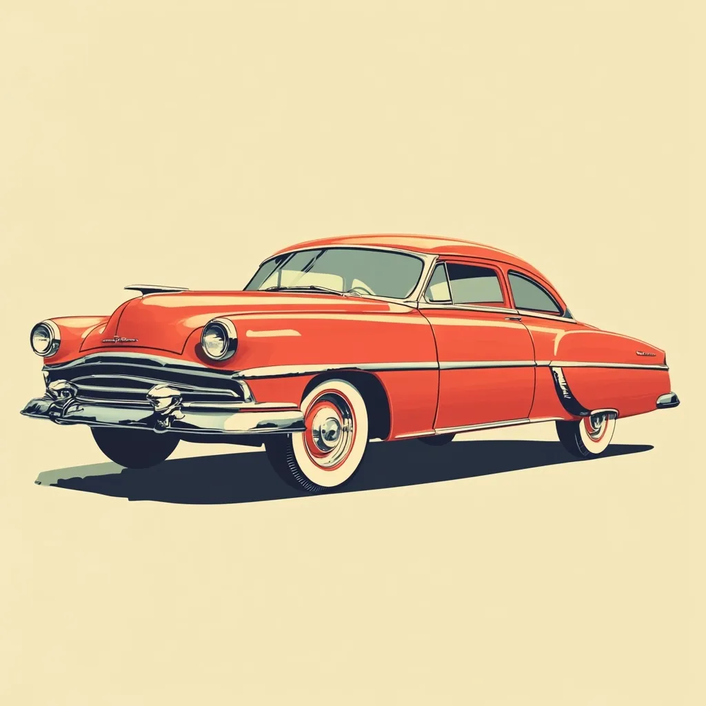 The image showcases a vintage, red two-door hardtop car, possibly from the late 1940s or early 1950s.  Its design is sleek and classic, featuring prominent chrome bumpers, large round headlights, and whitewall tires. The car is depicted in a three-quarter view, angled slightly to the left, against a muted beige background.  The style is reminiscent of classic automotive advertising art, with a focus on clean lines and sharp details. The overall impression is one of nostalgic charm and mid-century elegance.