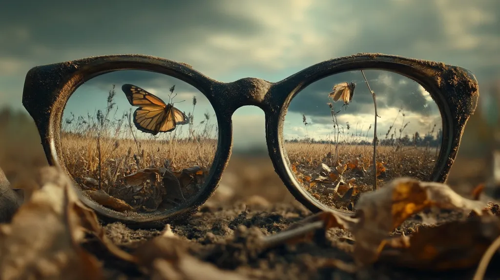 Here's a description of the image:

A pair of old, dusty eyeglasses rests on the ground, their lenses reflecting a tranquil autumnal field.  The lenses act as miniature worlds, each showcasing a different perspective of the same scene.  One lens shows a monarch butterfly in flight above the dry grasses, while the other displays a withered butterfly on a stem. The overall mood is contemplative and slightly melancholic, suggesting the passage of time and the fragility of life. The ground is covered in fallen leaves, further emphasizing the autumnal setting.