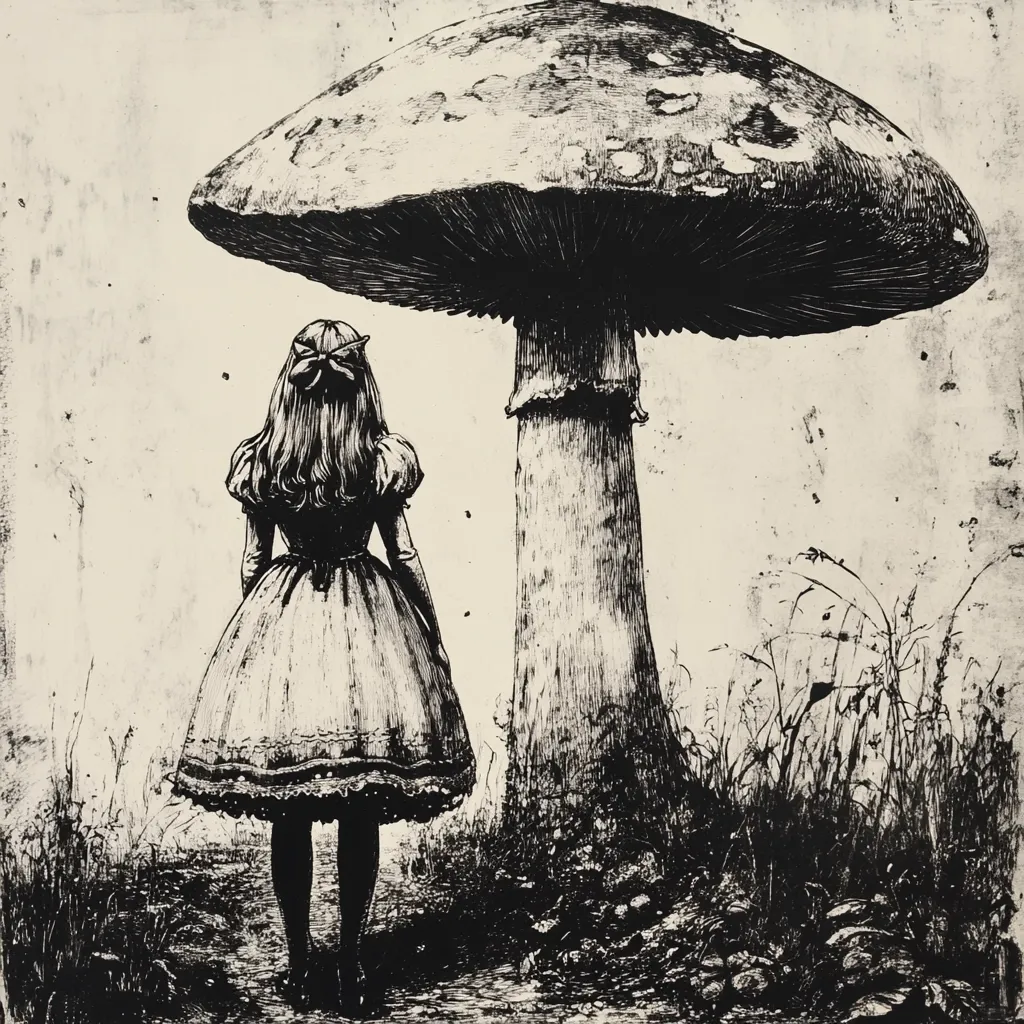 Here's a description of the image:

The black and white illustration depicts a young girl, reminiscent of Alice from Alice in Wonderland, standing before an enormous mushroom. She's dressed in a Victorian-style dress, her back to the viewer. The mushroom dominates the scene, its cap detailed with textured shading, suggesting age and organic growth. The style is reminiscent of etching or woodblock print, with heavy use of linework and shading to create depth and texture.  The background is a sparsely rendered landscape of tall grasses and muted tones, focusing attention on the girl and the imposing fungus.  The overall mood is slightly eerie and whimsical.