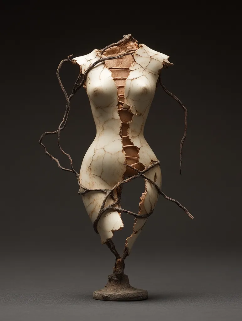This striking sculpture depicts a fragmented female torso, crafted from a cream-colored material with a cracked, aged appearance.  The cracks are filled with what seems to be darker material, perhaps wood or clay, creating a sense of repair or reconstruction.  Thin, dark, vine-like elements wind around and through the broken form, binding the pieces together and adding a sense of fragility and interconnectedness. The sculpture rests on a small, dark base, further enhancing its somber and evocative quality.