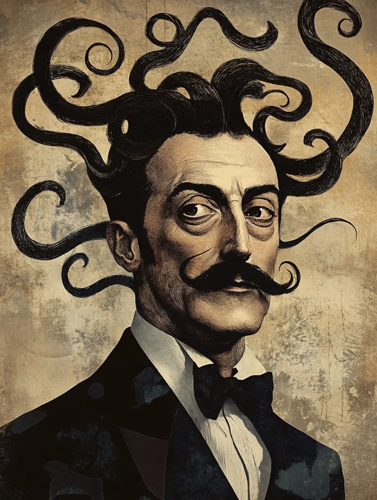 Here's a description of the image:

The illustration presents a stylized portrait of a man, possibly from a bygone era, dressed in formal attire: a dark suit and bow tie. His most striking feature is his extravagant hairstyle, a wild mass of dark hair swirling into elaborate, almost tentacle-like curls that extend beyond his head.  He sports a thick, handlebar mustache. The artistic style is reminiscent of a vintage print or etching, with textured backgrounds suggestive of age and a sepia tone dominating the color palette.  The overall mood is slightly mysterious and intriguing.