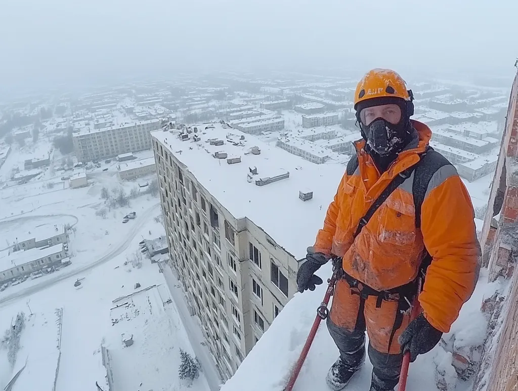 A person in an orange jumpsuit and climbing gear stands atop a snow-covered building in a desolate, snow-covered city.  The individual is wearing a helmet and respirator, suggesting hazardous conditions.  The city below stretches to the horizon, appearing largely abandoned or sparsely populated. The overall atmosphere is bleak and cold. The scene likely depicts an urban exploration or industrial work in a harsh winter climate.