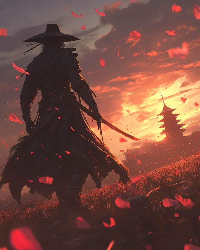 Here's a description of the image:

The artwork depicts a lone samurai, silhouetted against a vibrant sunset.  He wears a wide-brimmed hat and long, flowing dark robes, his katana partially visible.  Red petals, possibly cherry blossoms, fall around him as he walks through a field towards a traditional Japanese pagoda in the distance. The overall atmosphere is one of serene melancholy, with the fiery sunset adding a dramatic backdrop to the scene. The artist masterfully uses light and shadow to create a powerful visual narrative, suggesting a sense of quiet contemplation or perhaps even finality.