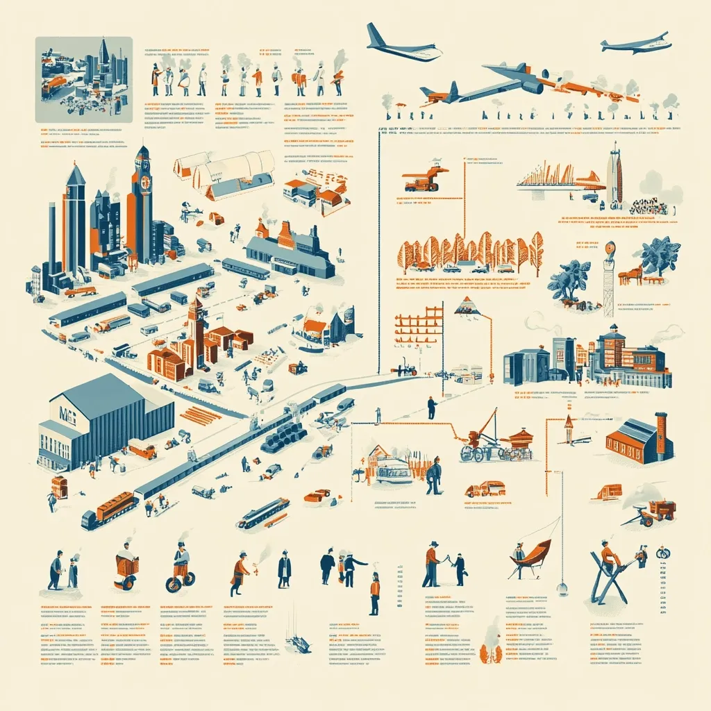 This detailed infographic depicts a comprehensive supply chain, from forest to factory to consumer.  Illustrated in a vintage style with teal and orange tones, it shows the journey of a product, highlighting various stages of production.  The visuals include logging, transportation by rail and road, manufacturing processes, and final product distribution.  Accompanying text provides further information on each step, offering a complete picture of the manufacturing process.  Airplanes are also shown, suggesting a global element to the supply chain.