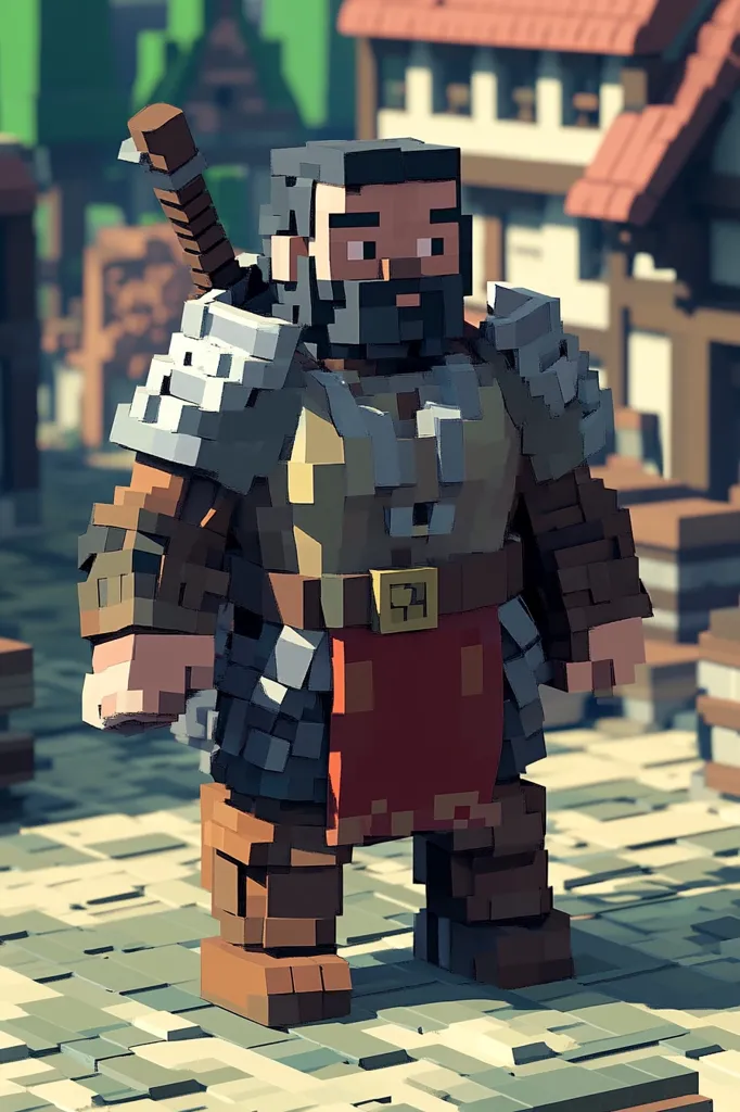 Here's a description of the image:

The image showcases a low-poly, voxel-style rendering of a male warrior. He's depicted in a medieval setting, standing on a cobblestone street with a blurred background suggesting a village or town.  The warrior has a beard, wears armor comprised of segmented cubic blocks, a belted tunic, and boots.  A sword is sheathed on his back.  The overall style is reminiscent of a video game character or digital art created using a voxel-based engine. The lighting and shadows add depth to the otherwise blocky figure.