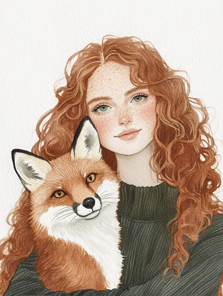 Here's a description of the image:

A watercolor painting depicts a young woman with vibrant, curly auburn hair and freckles, gently cradling a red fox. The woman's expression is soft and serene, her gaze slightly downward. She wears a dark olive green turtleneck sweater.  The fox is rendered with lifelike detail, its fur appearing soft and textured. The overall style is delicate and whimsical, with soft color palettes and a romantic atmosphere. The background is a simple off-white, keeping the focus on the central figures.