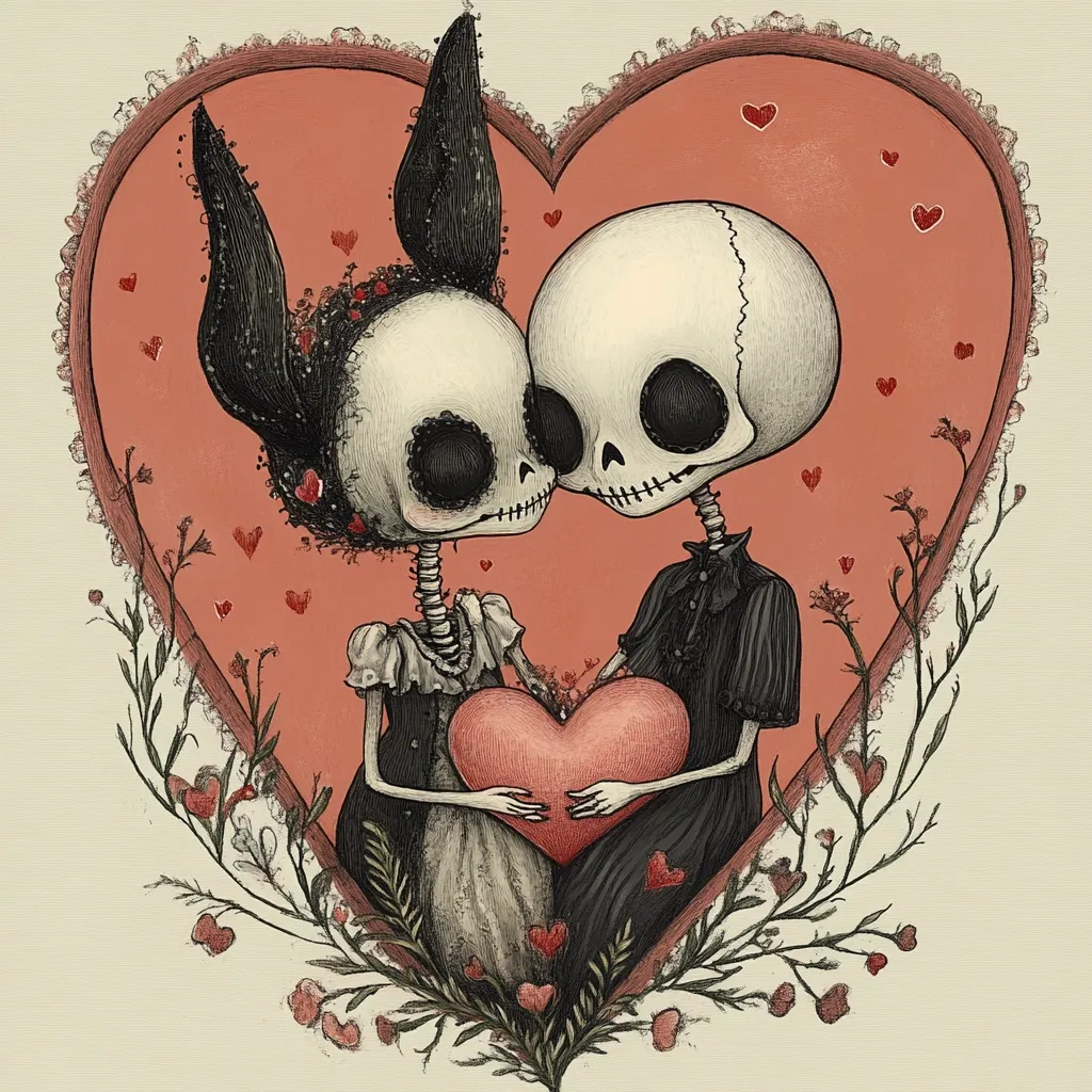 Here's a description of the image:

The illustration depicts a whimsical, romantic scene of two skeletal figures, a couple, nestled within a large, peach-colored heart outlined with lace. The female skeleton has black bunny-like ears and wears a dress; the male skeleton is in dark attire. They tenderly hold a smaller, pinkish-red heart between them.  The heart is surrounded by delicate, dark-green leafy branches and small red hearts scattered across the background, creating a slightly gothic yet endearing Valentine's Day theme.  The style is reminiscent of gothic art or dark fantasy, with detailed pen-and-ink shading.