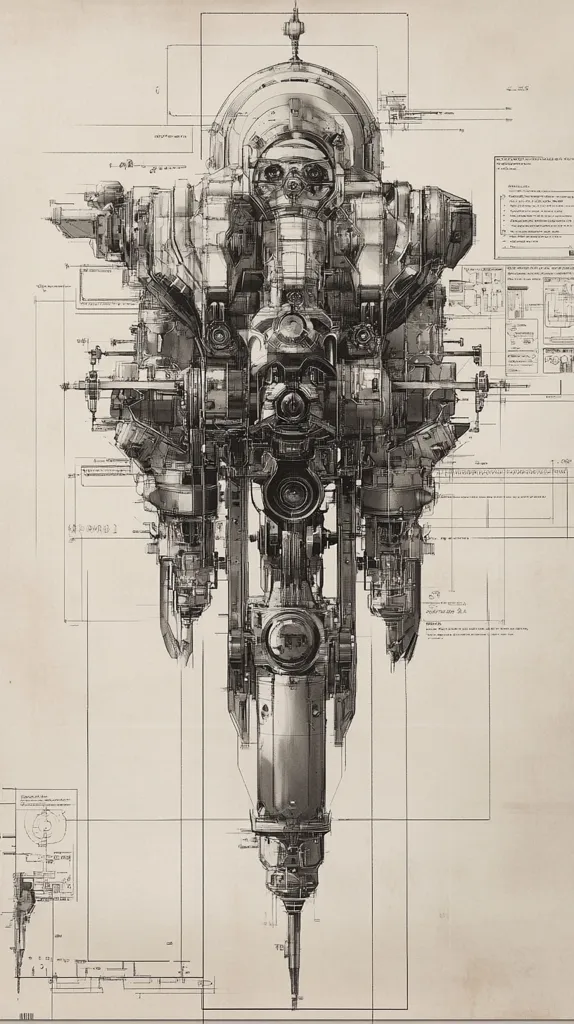 Here is a description of the image:

The image is a detailed, technical drawing of a complex, mechanical structure, possibly a spacecraft or robot. It's rendered in grayscale, resembling blueprints or concept art.  The design is intricate, with numerous interconnected components and gears, suggesting a high level of technological sophistication.  Surrounding the central structure are smaller diagrams and annotations, hinting at specifications and design notes. The overall aesthetic is steampunk-inspired, blending futuristic technology with classic mechanical design elements. The style is highly detailed and precise, emphasizing the complex engineering involved.