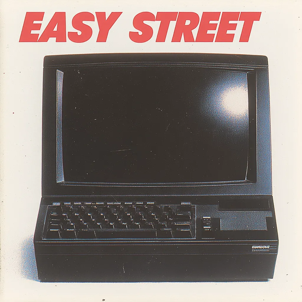 The image shows a vintage black desktop computer with an integrated monitor.  The title "EASY STREET" is prominently displayed in bold, red lettering above the computer. The computer appears to be from the 1980s, with a dark, sleek design.  The screen is dark, reflecting a light source.  The overall style suggests a promotional image for the computer or related software, likely emphasizing ease of use.