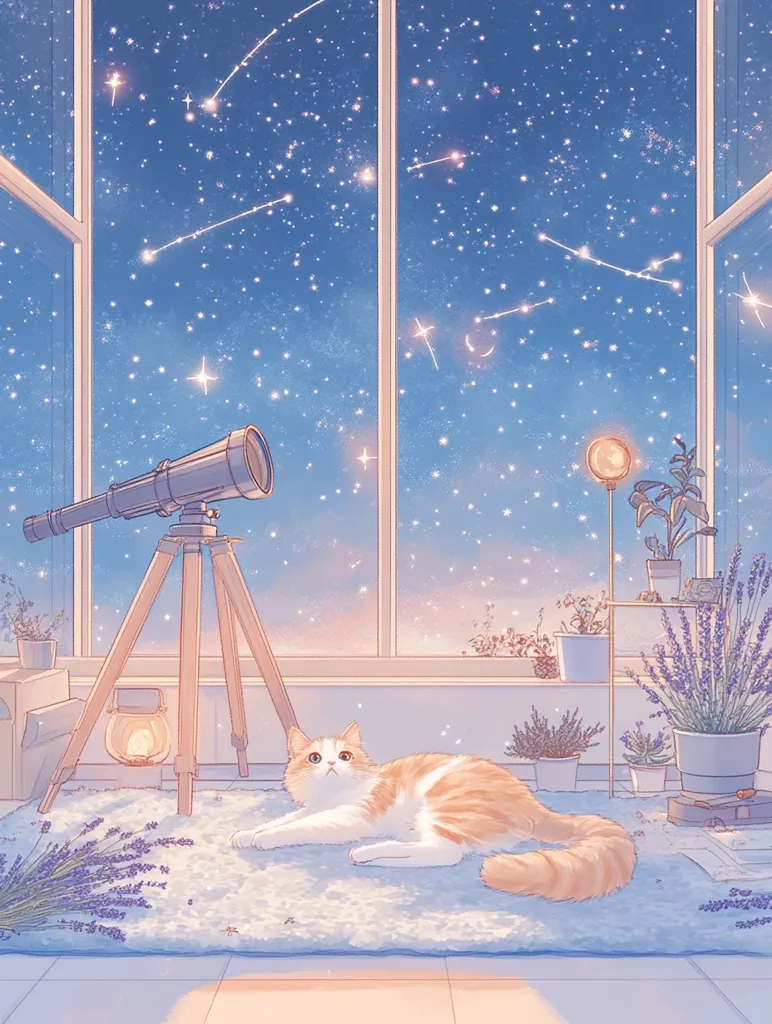 Here's a description of the image:

The illustration depicts a serene room at night, bathed in soft, pastel hues. A large window showcases a starry sky, complete with shooting stars.  A telescope stands on a wooden tripod, positioned near a fluffy orange and white cat lounging on a pale rug amidst potted lavender plants. The overall aesthetic is calm and whimsical, evoking a sense of peace and tranquility.  Soft light illuminates the scene, creating a cozy atmosphere.