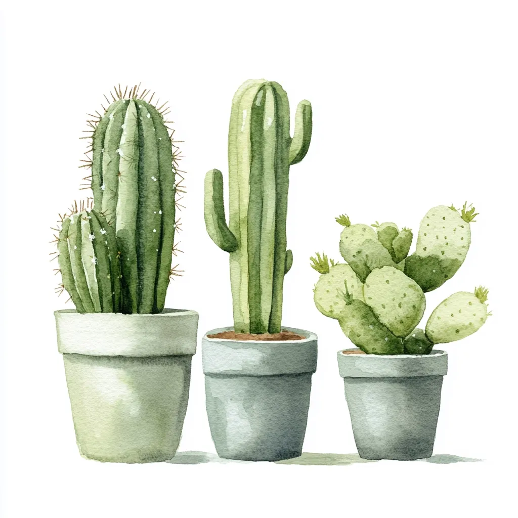 Here's a description of the image:

A watercolor painting showcases three cacti in separate pots, arranged in a row against a stark white background.  The leftmost pot holds a pair of cacti; a tall, slender one and a smaller one beside it.  The center pot contains a single, tall, upright cactus with distinctive vertical grooves. The rightmost pot features a prickly pear cactus, its pads spreading out horizontally. All three pots are a muted, light gray-green, complementing the cool tones of the cacti. The overall style is simple and elegant, with a focus on the delicate details of the plants.