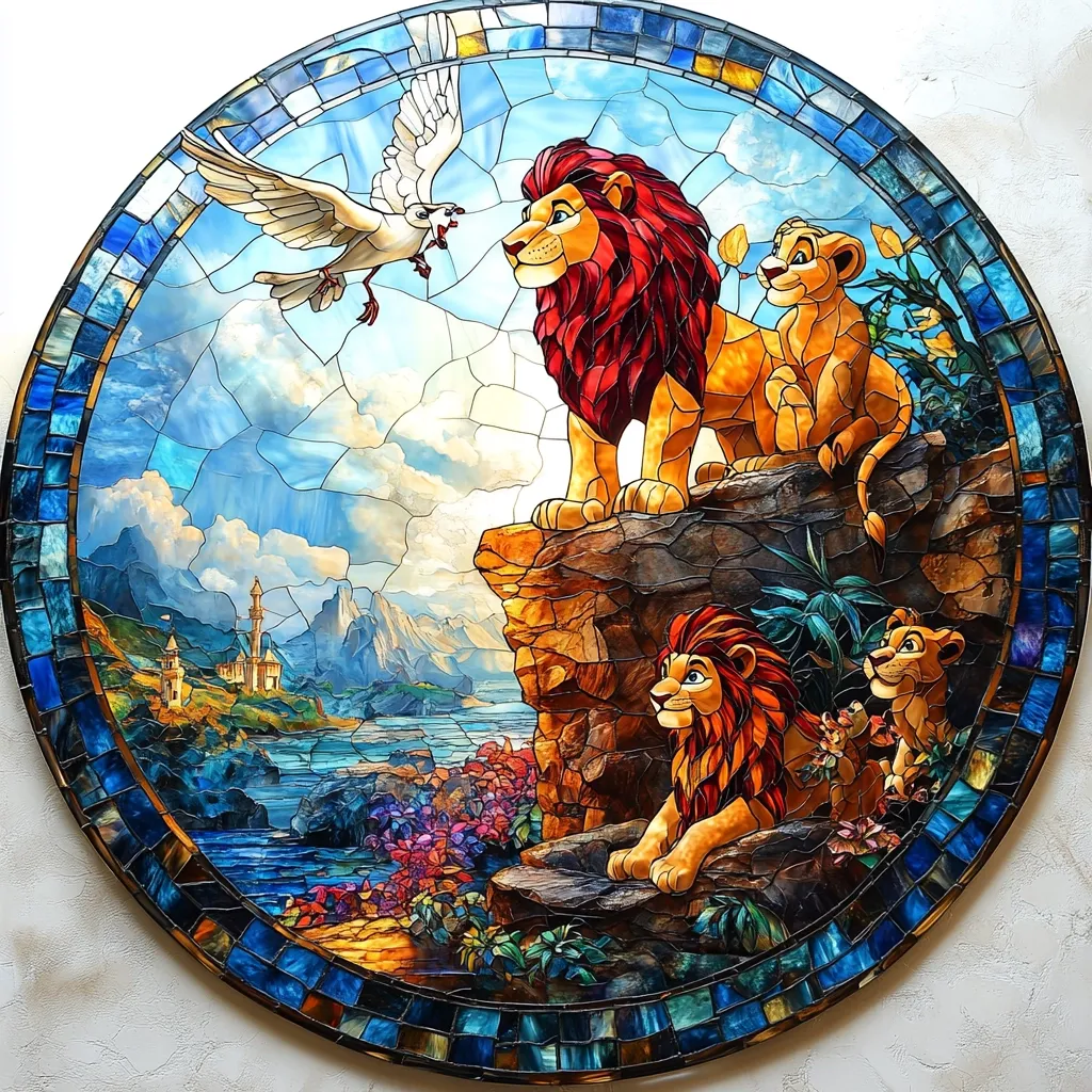 This stunning circular stained-glass artwork depicts a scene reminiscent of Disney's "The Lion King."  A majestic lion, possibly Mufasa, stands proudly on a rock overlooking a tranquil bay with a distant cityscape.  Two younger lions, Simba and possibly Nala, are below, while a white bird, possibly Zazu, approaches the adult lion.  The piece uses vibrant colors and intricate detailing to create a beautiful and evocative image.  The style suggests a classic, storybook setting.