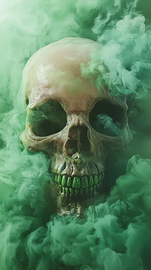 A human skull, seemingly aged and weathered, is partially obscured by swirling, vibrant green smoke.  The smoke adds an eerie and mystical quality to the image. The skull's teeth are noticeably painted green, enhancing the overall otherworldly and potentially macabre aesthetic. The contrast between the skull's texture and the smooth smoke creates a visually striking effect. The image evokes feelings of mystery and the supernatural.