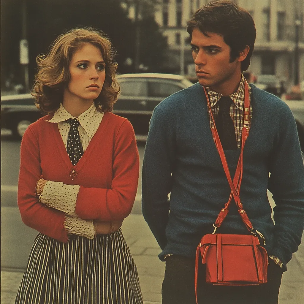 Here's a description of the image:

The photo shows a young couple, stylishly dressed in 1970s attire, standing on a city street.  The woman, with shoulder-length brown hair, wears a red cardigan over a collared shirt and striped skirt.  She has her arms crossed, seemingly pensive. The man, with dark brown hair, sports a teal sweater, plaid shirt, and carries a red shoulder bag. His expression is somewhat serious.  A car is partially visible in the background, suggesting an urban setting. The overall tone is nostalgic and evocative of a bygone era.