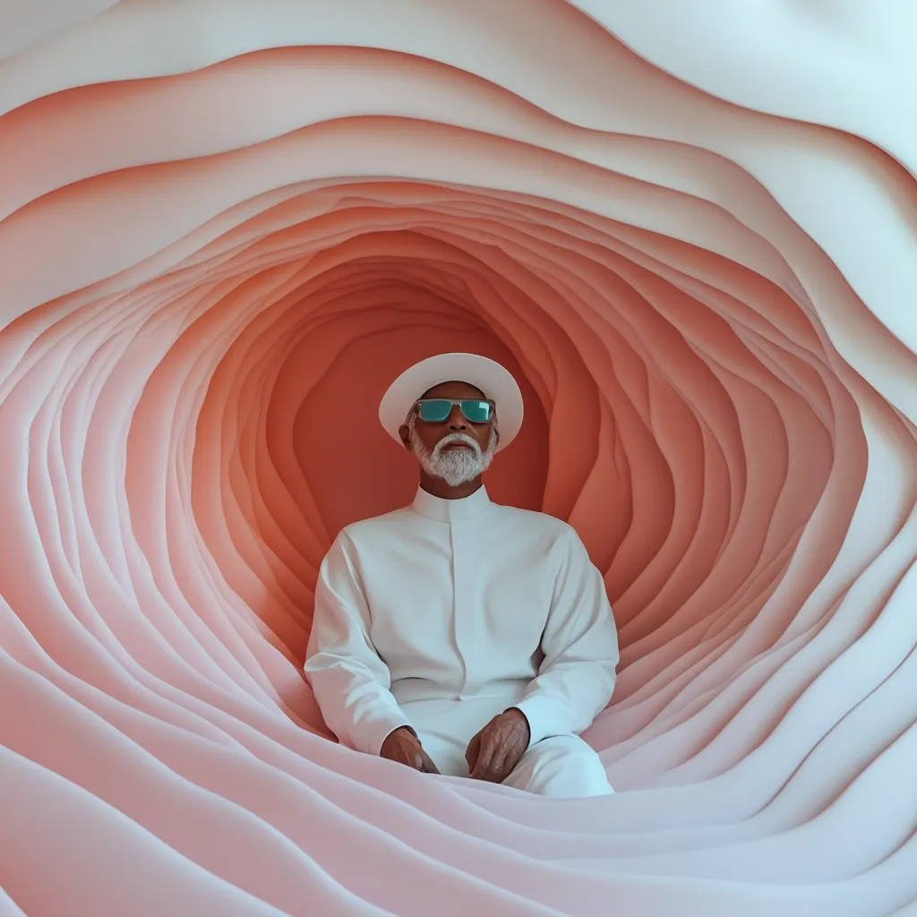 Here's a description of the image:

An older man with a full white beard and mustache sits serenely in a large, swirling, rose-colored structure. He wears a white suit, a white fedora, and light teal sunglasses. The structure resembles a giant, layered rose petal or a soft, undulating tunnel. The color palette is predominantly soft pinks and whites, creating a calming and almost dreamlike atmosphere. The man's calm demeanor contrasts subtly with the dramatic, curved lines of his surroundings.  The overall effect is one of peaceful contemplation within an abstract, artistic space.
