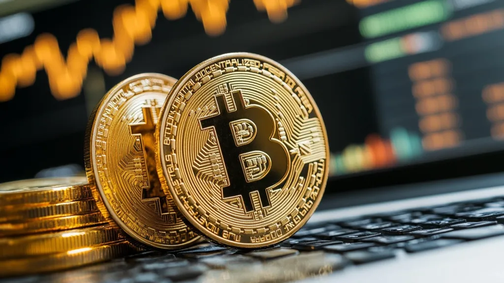 Here's a description of the image:

The image showcases two gold-colored Bitcoin cryptocurrencies in sharp focus on a laptop keyboard.  One Bitcoin is prominently displayed, its intricate details visible, while another is partially obscured behind it. A stack of similar coins rests nearby. The background is softly blurred, showing a computer screen displaying a dynamic orange and black graph, likely representing cryptocurrency market fluctuations.  The overall impression is one of wealth, digital currency, and the volatile nature of cryptocurrency investment.