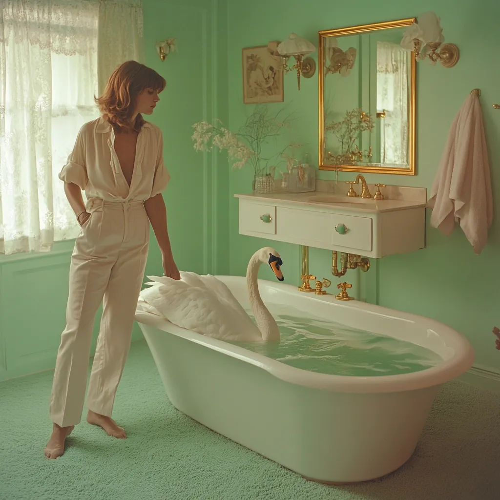 A woman in cream-colored pants and a loose blouse stands beside a clawfoot bathtub. A white swan floats serenely in the tub's pale green water. The bathroom is styled in a retro aesthetic, featuring mint green walls, gold fixtures, and a white vanity.  Soft, natural light illuminates the scene, enhancing the calm and whimsical atmosphere. The overall tone is peaceful and slightly surreal.