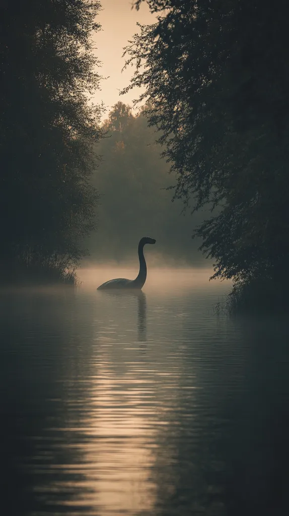 Here's a description of the image:

The photograph depicts a serene, misty lake at dawn or dusk.  A dark, serpentine shape, suggestive of the Loch Ness Monster, is centrally positioned in the still water. The creature's silhouette is stark against the pale, diffused light.  Dark, silhouetted trees frame the scene on either side, creating a natural border.  The overall mood is mysterious and evocative, emphasizing the legendary creature's enigmatic nature. The water's surface reflects the muted light, adding to the peaceful yet slightly unsettling atmosphere.