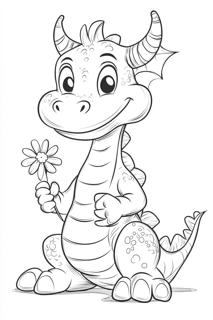 Here's a description of the image:

The illustration shows a cute, cartoon-style baby dragon.  It's depicted in a line drawing, black and white, with no shading. The dragon has large, expressive eyes, a small, upturned snout, and small horns.  It's holding a simple daisy-like flower. The dragon's body is detailed with scales and its posture is friendly and slightly chubby.  The tail curves gently behind it. The overall style is reminiscent of a children's coloring book page.