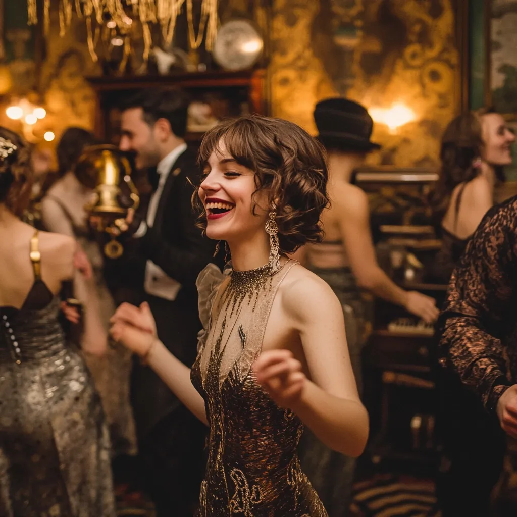 A young woman, radiant with joy, is captured at a 1920s-themed party.  She wears a shimmering, beaded flapper dress and her short, wavy bob complements her joyful expression.  The warm lighting illuminates the opulent room, filled with other guests in period attire.  A piano is visible in the background, suggesting music and dancing fill the atmosphere. The overall scene is one of elegant revelry and carefree celebration.