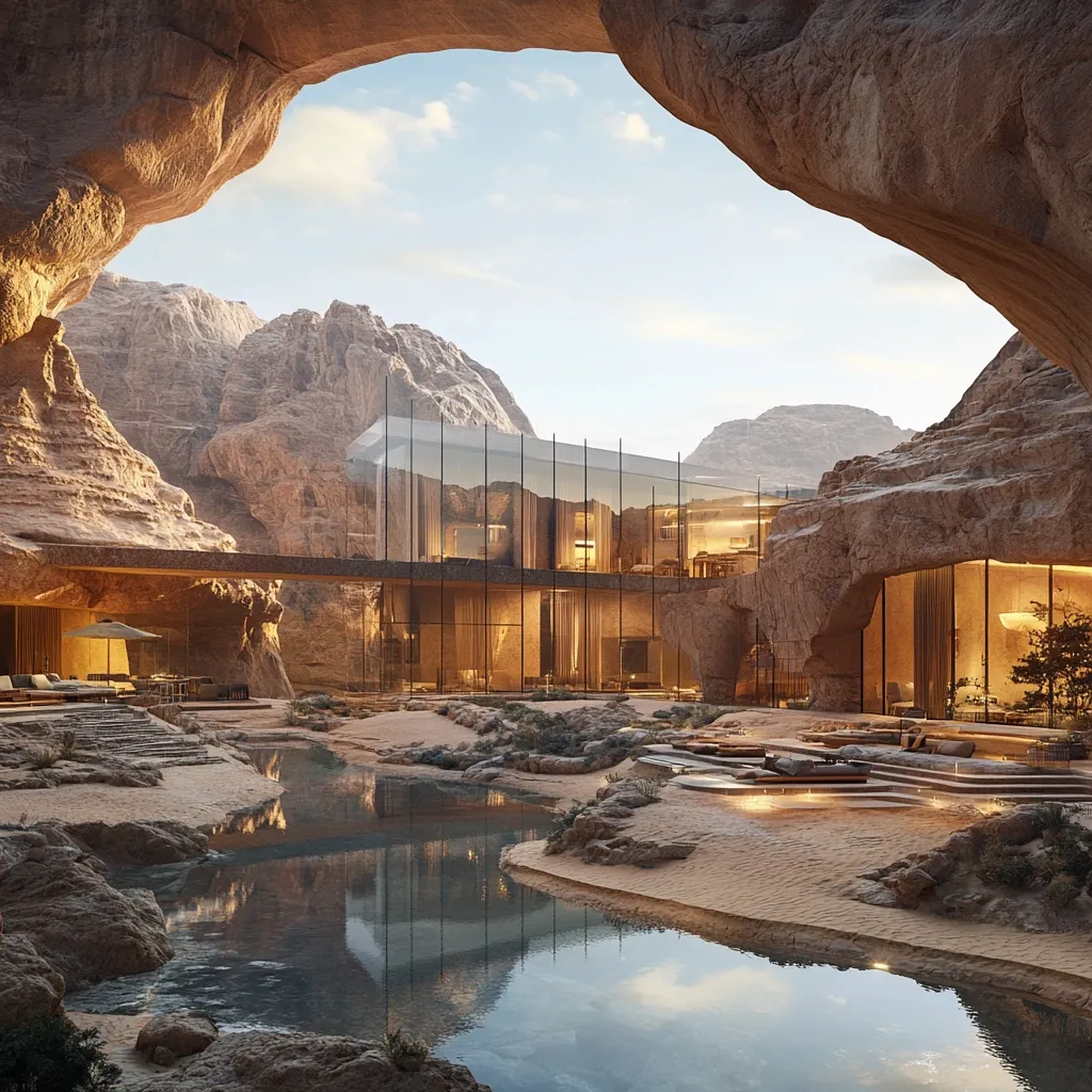 Here's a description of the image:

The image depicts a stunning, modern architectural marvel nestled within a dramatic desert landscape. A glass-fronted structure, partially built into and extending from natural rock formations, boasts expansive views of the surrounding arid mountains.  A tranquil, reflecting pool meanders through the sandy foreground, leading the eye towards the house.  The overall aesthetic blends seamlessly with the environment, creating a luxurious and secluded oasis.  The soft, warm lighting suggests either dawn or dusk, enhancing the serene atmosphere.