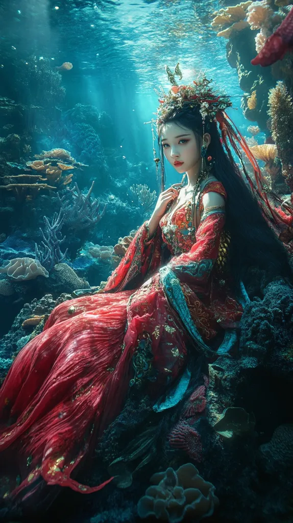 A breathtaking underwater scene depicts a young woman, adorned in a vibrant red and gold Hanfu-style gown, seated amidst a coral reef.  Her elaborate headdress is embellished with flowers and seashells, blending seamlessly with the aquatic environment.  Sunlight filters through the water, illuminating her serene expression and the intricate details of her clothing.  The overall impression is one of ethereal beauty and magical realism.