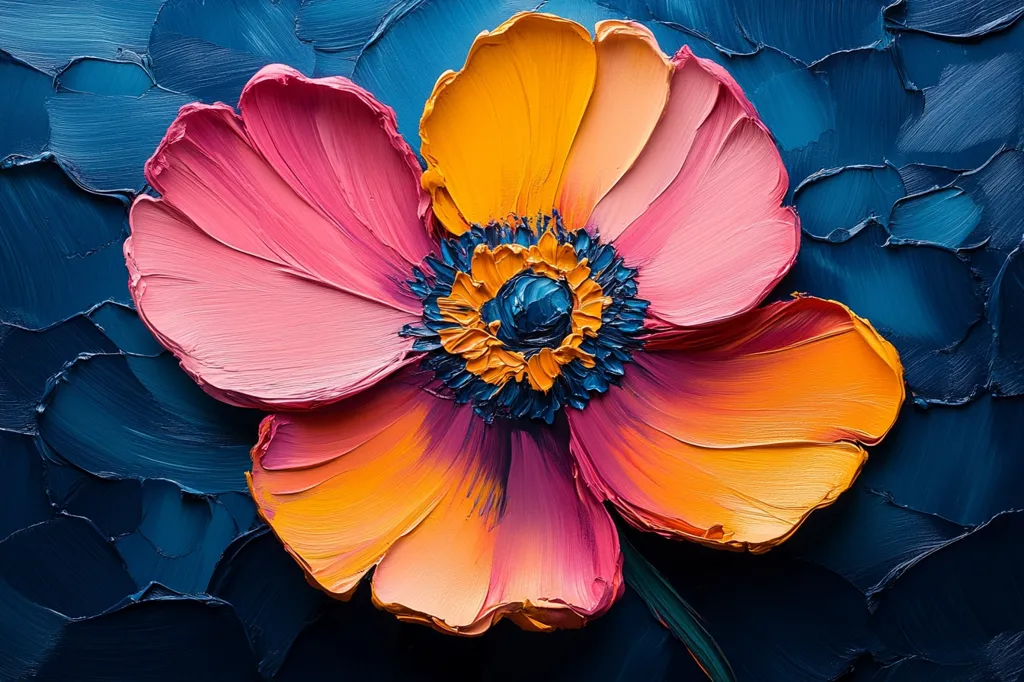 This vibrant impasto painting showcases a single, large flower against a deep blue background.  The petals are a blend of pink and orange, rendered with thick, visible brushstrokes creating texture.  The flower's center is a rich mix of dark blue, orange, and yellow, adding depth and contrast. The background's textured blue complements the flower's bold colors, enhancing the overall dramatic effect. The style is expressive and painterly, emphasizing the artist's technique.