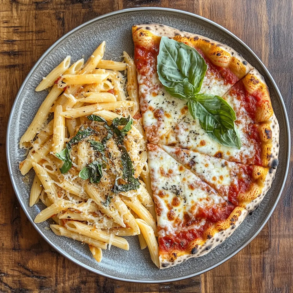 Here's a description of the image:

A overhead shot shows a grey plate containing a portion of penne pasta in a creamy sauce, alongside a slice of cheese pizza.  The pasta is garnished with fresh basil leaves and grated cheese. The pizza, with its bubbly crust and vibrant red sauce, is also topped with basil. The plate rests on a rustic wooden table. The overall composition suggests a simple, yet appealing, Italian-style meal.