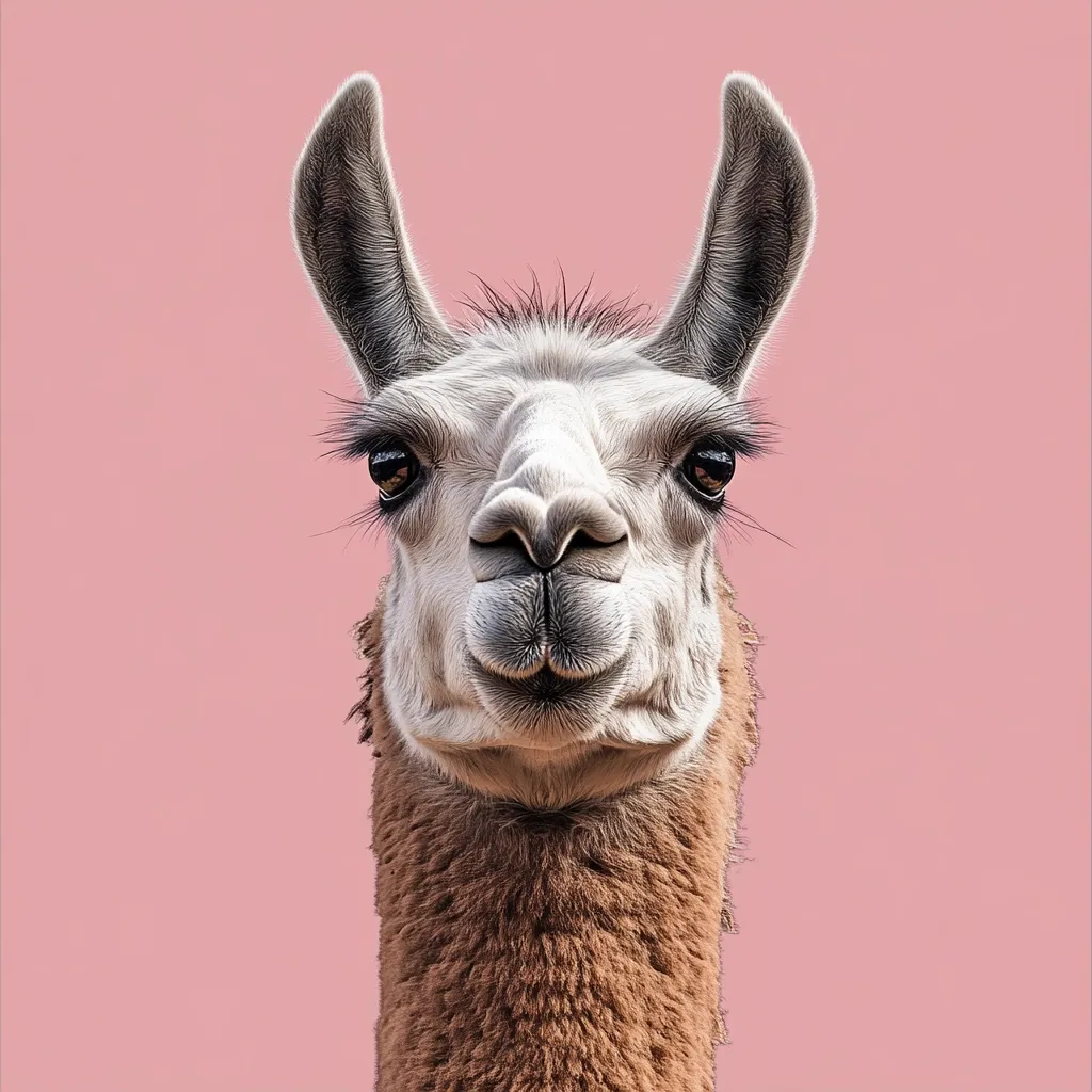 Here's a description of the image:

Close-up view of a llama's face against a solid pink background. The llama is looking directly at the camera, its expression appearing almost subtly amused or curious. Its fur is predominantly light-colored on its face, transitioning to a light brown or tan on its neck. The llama's large, dark eyes and long, pointed ears are clearly visible. The overall image is sharp and well-lit, giving a clear, detailed view of the animal's features. The pink background provides a stark contrast to the llama's coloring.