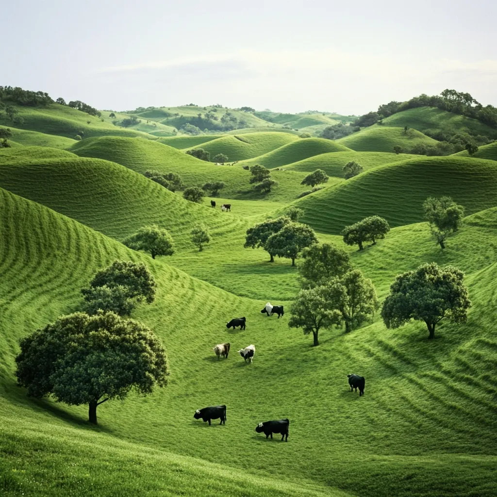 Rolling green hills, dotted with lush trees, create a picturesque pastoral landscape.  Several black and white cattle graze peacefully across the undulating terrain. The scene is serene and idyllic, showcasing a vibrant, healthy ecosystem under a soft, bright sky. The gently sloping hills suggest a calm and tranquil atmosphere, perfect for grazing livestock.  The image evokes a sense of peace and the beauty of rural life.