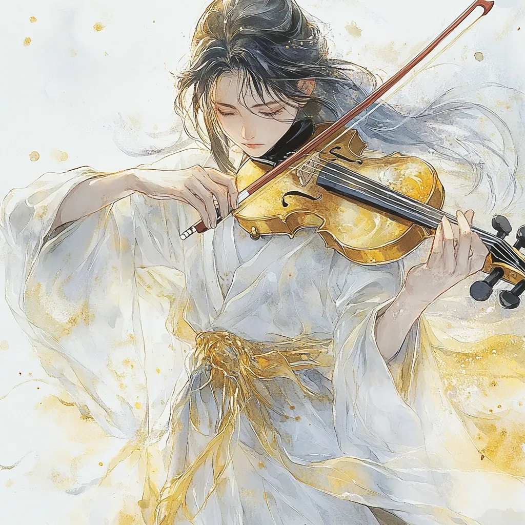 The artwork depicts a serene figure, possibly of East Asian descent, dressed in flowing, light-grey robes accented with gold detailing.  Their long dark hair is elegantly styled. They hold a golden-hued violin, their fingers delicately positioned on the strings and bow. The overall style is soft and ethereal, using watercolor-like washes of color and a light background to create a dreamy, almost celestial atmosphere. The artist's focus is on conveying a sense of grace and tranquility.