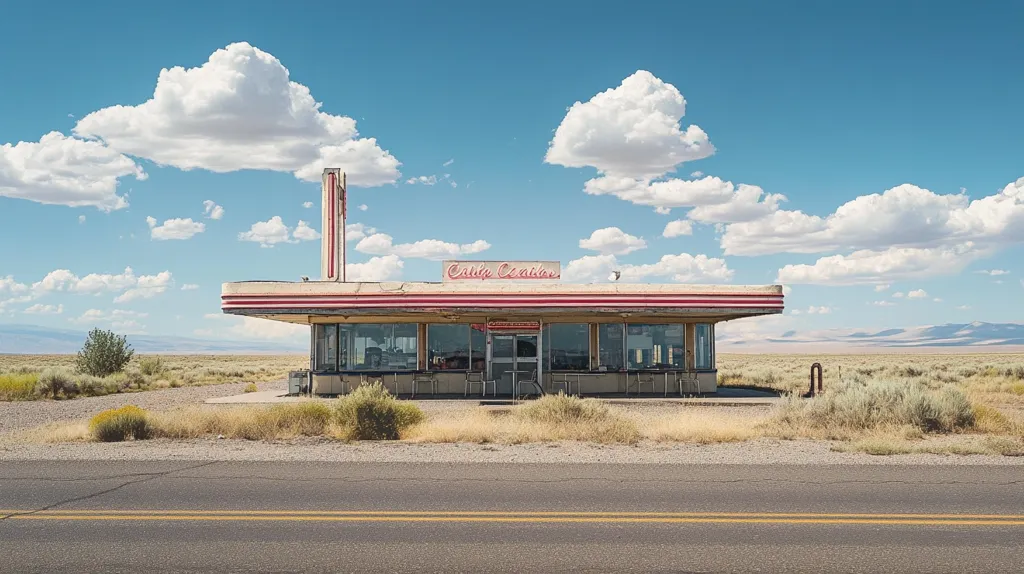 Here's a description of the image:

A vintage, abandoned roadside café, possibly a diner or gas station, sits under a bright blue sky dotted with fluffy white clouds.  The building is cream-colored with faded red stripes, featuring large windows showcasing an empty interior.  The sign, reading "Oasis Oasis," is slightly faded.  The setting is a desolate, arid landscape with sparse, dry brush surrounding the building and extending to a flat horizon. A simple two-lane road runs in front, adding to the sense of isolation and abandonment. The overall mood is one of quiet solitude and nostalgic decay.