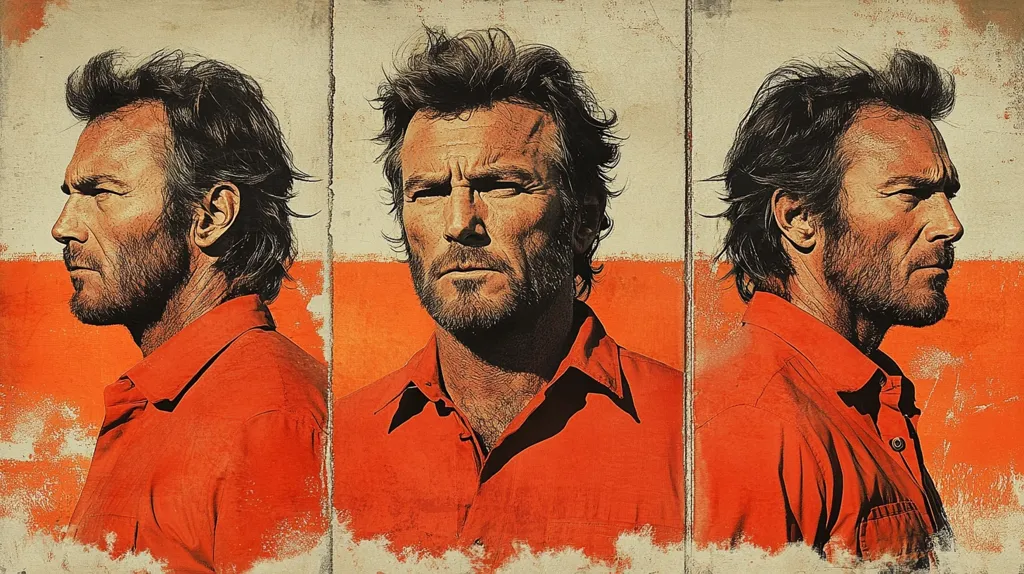 This is a stylized movie poster featuring three profile views of Clint Eastwood.  Each shows him from a slightly different angle, but all are consistent in depicting him with windblown dark hair, a short beard, and wearing a vibrant orange shirt. The background is a distressed, textured off-white and orange, creating a vintage or Western feel.  The image emphasizes Eastwood’s rugged features and suggests a serious, possibly gritty, film.