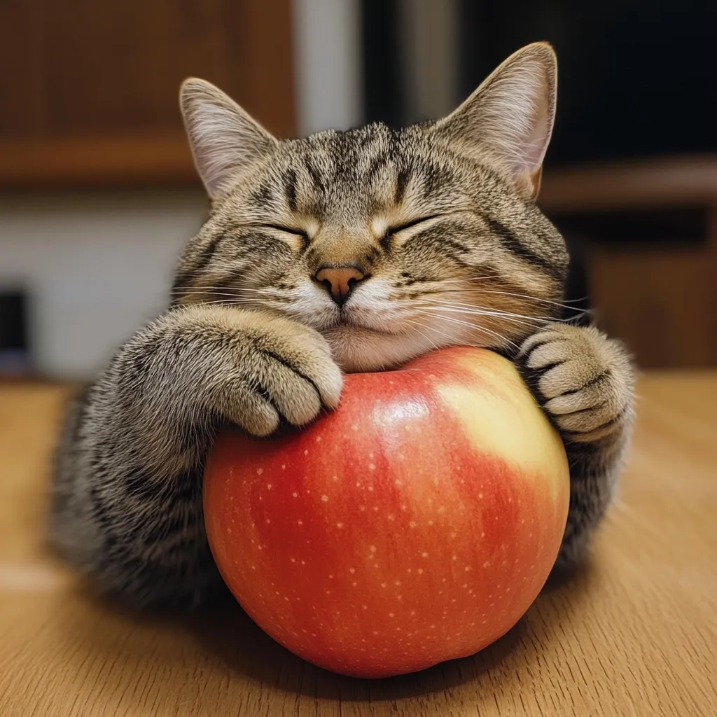 Here's a description of the image:

A tabby cat, eyes closed in contentment, gently cradles a large, ripe red apple in its paws.  The cat's fur is predominantly grey and brown, with darker stripes. Its expression is serene and peaceful. The apple rests on a light brown wooden surface. The background is softly blurred, focusing attention on the cat and its apple. The overall mood is one of calm and cuteness.